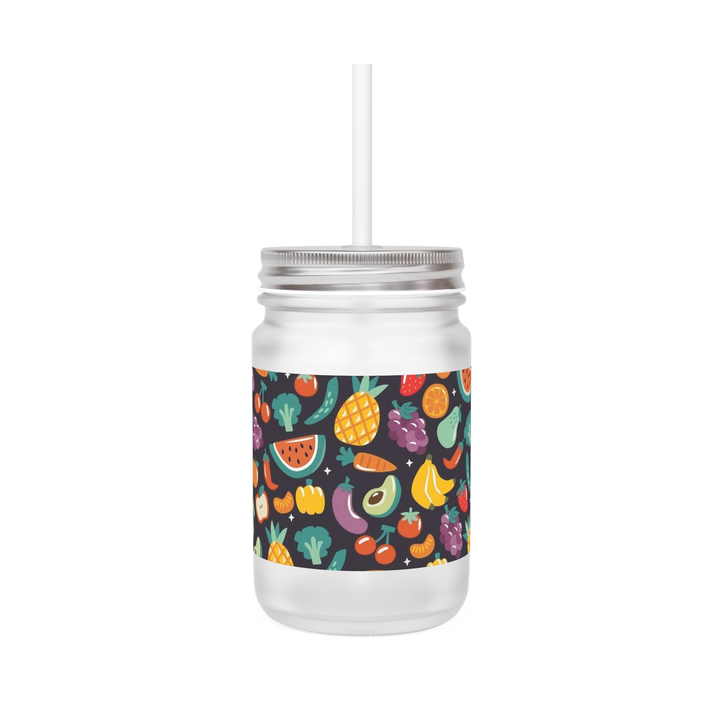 Fruit Pattern Mason Jar with Straw – Fun Beverage Holder for Summer Parties and Daily Hydration