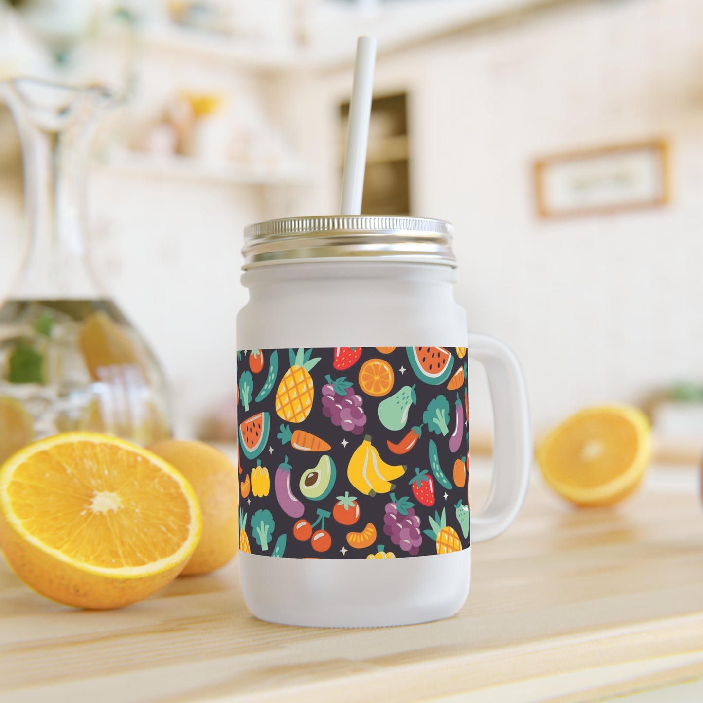 Fruit Pattern Mason Jar with Straw – Fun Beverage Holder for Summer Parties and Daily Hydration