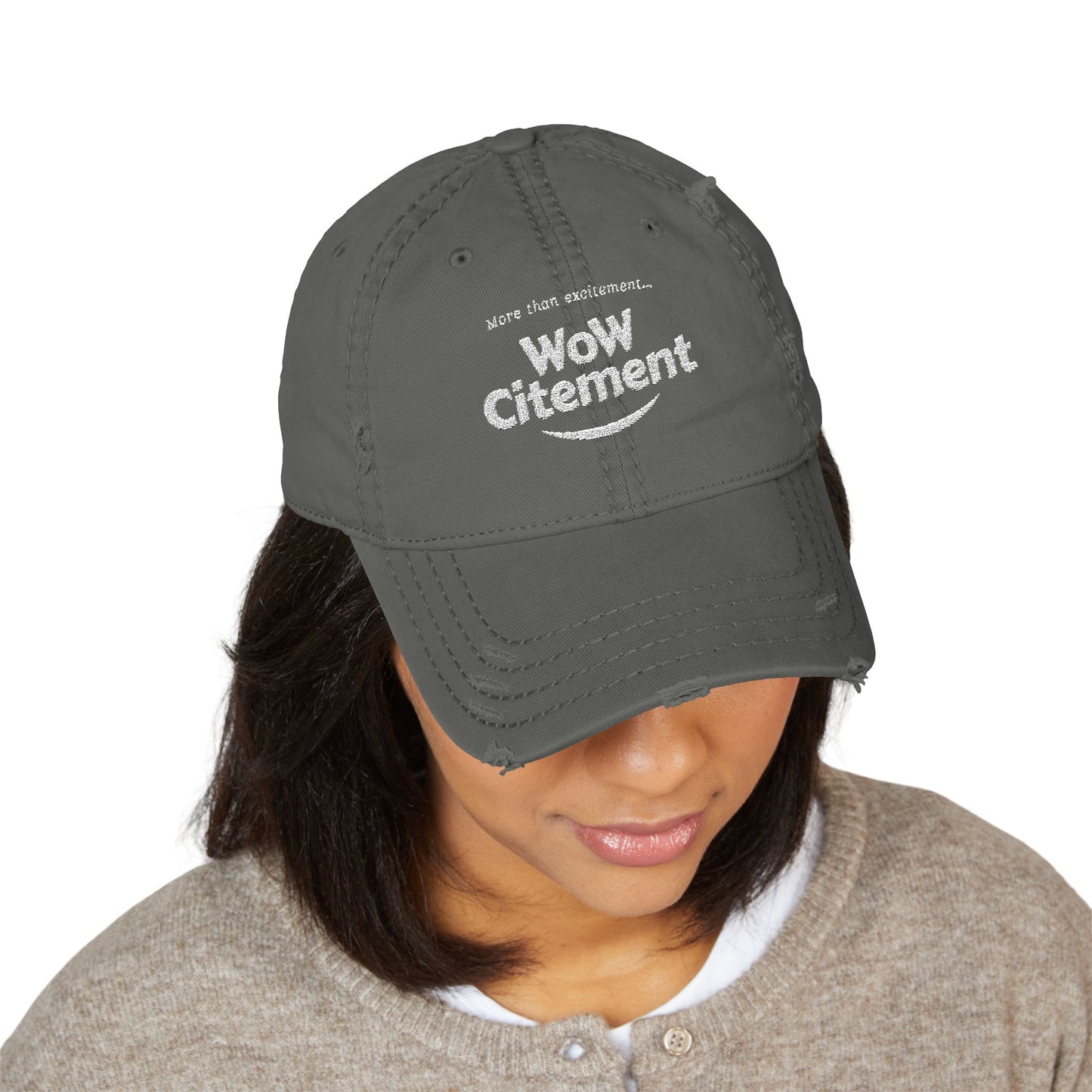 Distressed Dad Hat with WoW Citement Embroidery, Relaxed Cap for Comfy Style, Gift for Fathers Day, Casual Fashion Accessory
