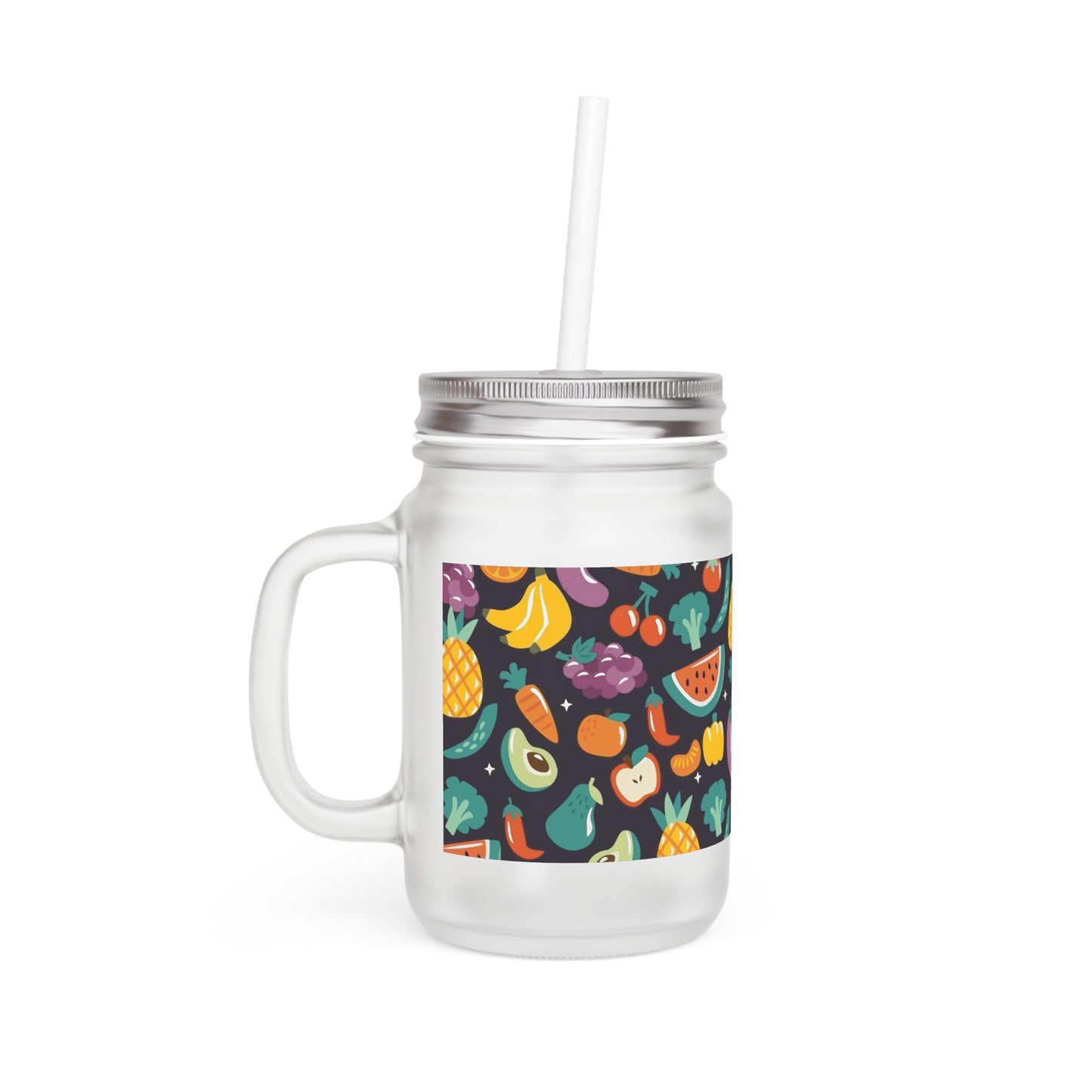 Fruit Pattern Mason Jar with Straw – Fun Beverage Holder for Summer Parties and Daily Hydration