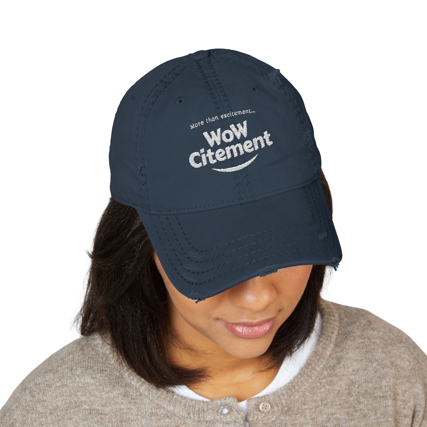 Distressed Dad Hat with WoW Citement Embroidery, Relaxed Cap for Comfy Style, Gift for Fathers Day, Casual Fashion Accessory