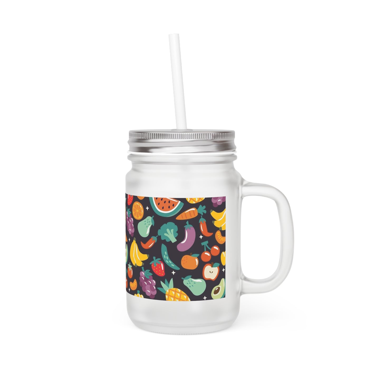Fruit Pattern Mason Jar with Straw – Fun Beverage Holder for Summer Parties and Daily Hydration