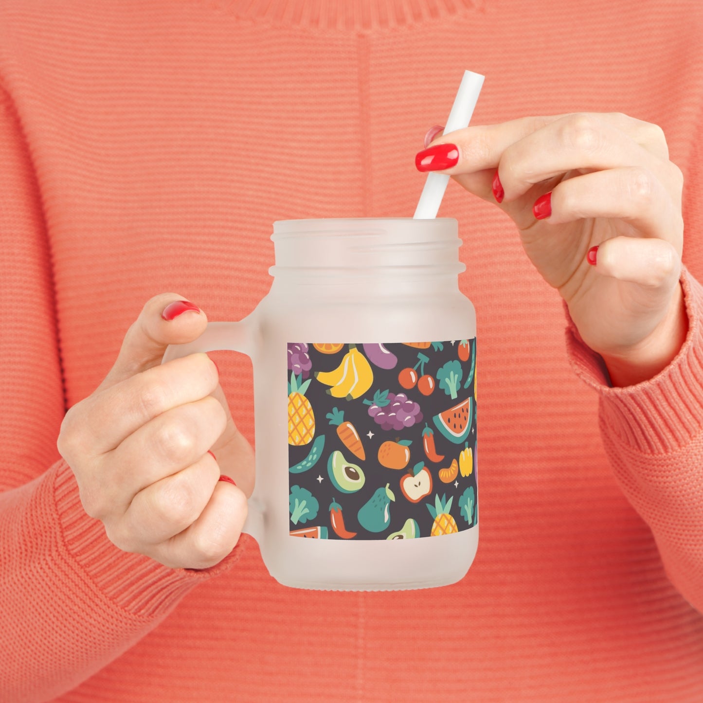 Fruit Pattern Mason Jar with Straw – Fun Beverage Holder for Summer Parties and Daily Hydration