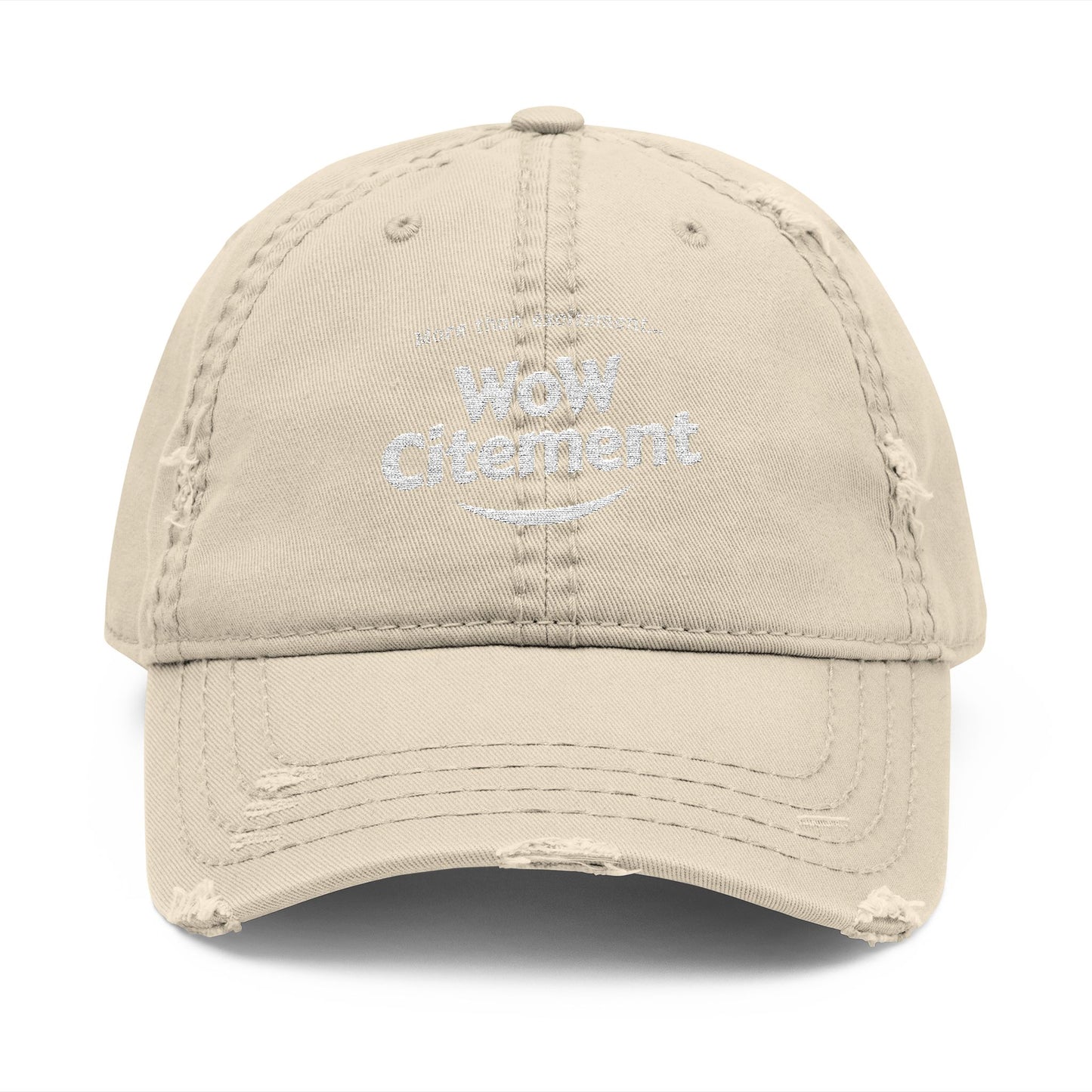 Distressed Dad Hat with WoW Citement Embroidery, Relaxed Cap for Comfy Style, Gift for Fathers Day, Casual Fashion Accessory