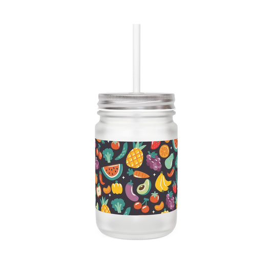 Fruit Pattern Mason Jar with Straw – Fun Beverage Holder for Summer Parties and Daily Hydration