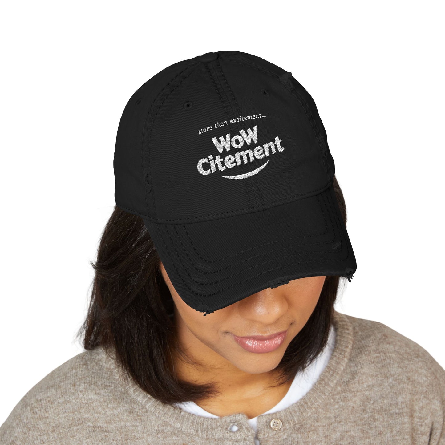 Distressed Dad Hat with WoW Citement Embroidery, Relaxed Cap for Comfy Style, Gift for Fathers Day, Casual Fashion Accessory