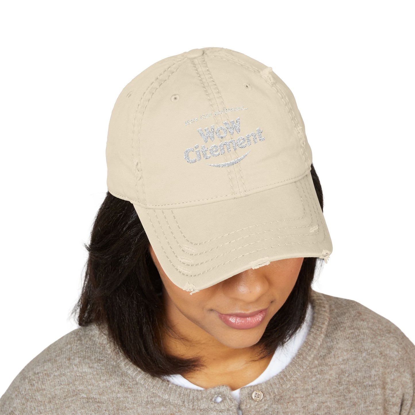 Distressed Dad Hat with WoW Citement Embroidery, Relaxed Cap for Comfy Style, Gift for Fathers Day, Casual Fashion Accessory